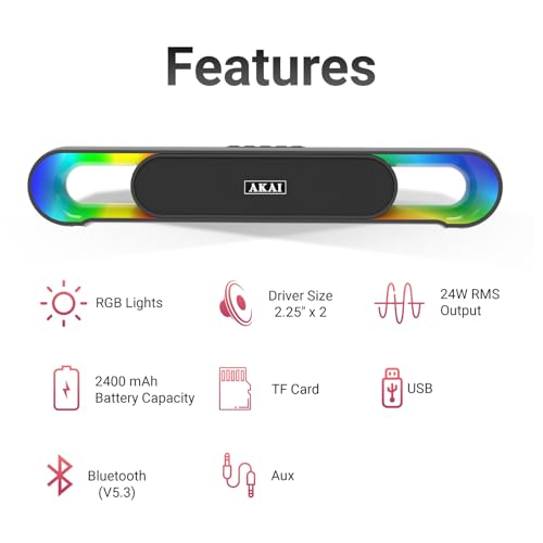 AKAI SB-24 Bluetooth Soundbar 24W RMS | Dual 2.25 Inch Drivers | RGB LED Lights | Bluetooth V5.3 | TWS, USB, Aux, TF Card Support | 2400 mAh Battery | Type-C Charging | Up to 5 Hours Playtime - Image 3