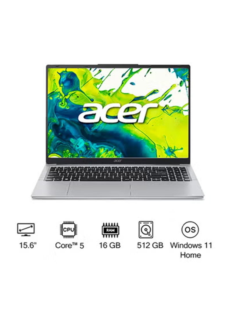 أيسر Aspire Lite Laptop With 15.6 Inch Full HD (1920x1080) Display, Core 5 120U Processor/16GB RAM DDR5/512GB SSD/Windows 11 Home/ English/Arabic Light Silver English Silver - Image 1