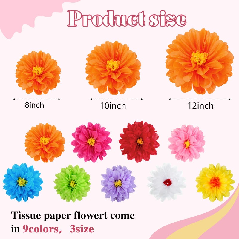 Geyee 27 Pcs Mexican Paper Flowers Fiesta Tissue Paper Flowers Colorful Crepe Flower Mexican Fiesta Party Decorations for Floral Backdrop Carnival Wedding Birthday Party Craft Wall Decor (8" 10" 12") - Image 2