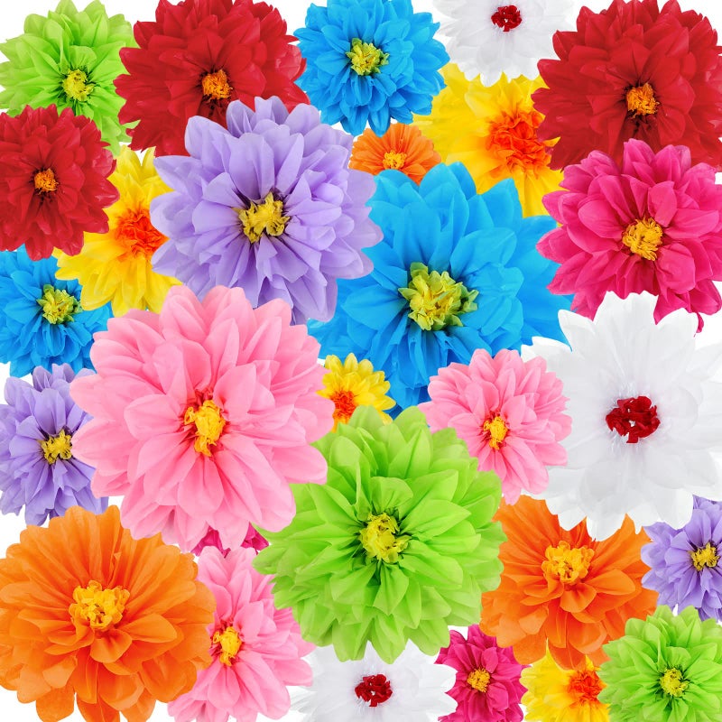 Geyee 27 Pcs Mexican Paper Flowers Fiesta Tissue Paper Flowers Colorful Crepe Flower Mexican Fiesta Party Decorations for Floral Backdrop Carnival Wedding Birthday Party Craft Wall Decor (8" 10" 12") - Image 1