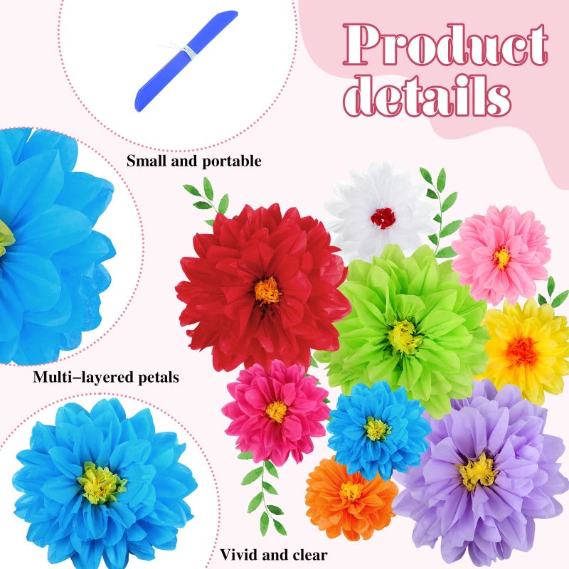 Geyee 27 Pcs Mexican Paper Flowers Fiesta Tissue Paper Flowers Colorful Crepe Flower Mexican Fiesta Party Decorations for Floral Backdrop Carnival Wedding Birthday Party Craft Wall Decor (8" 10" 12") - Image 3