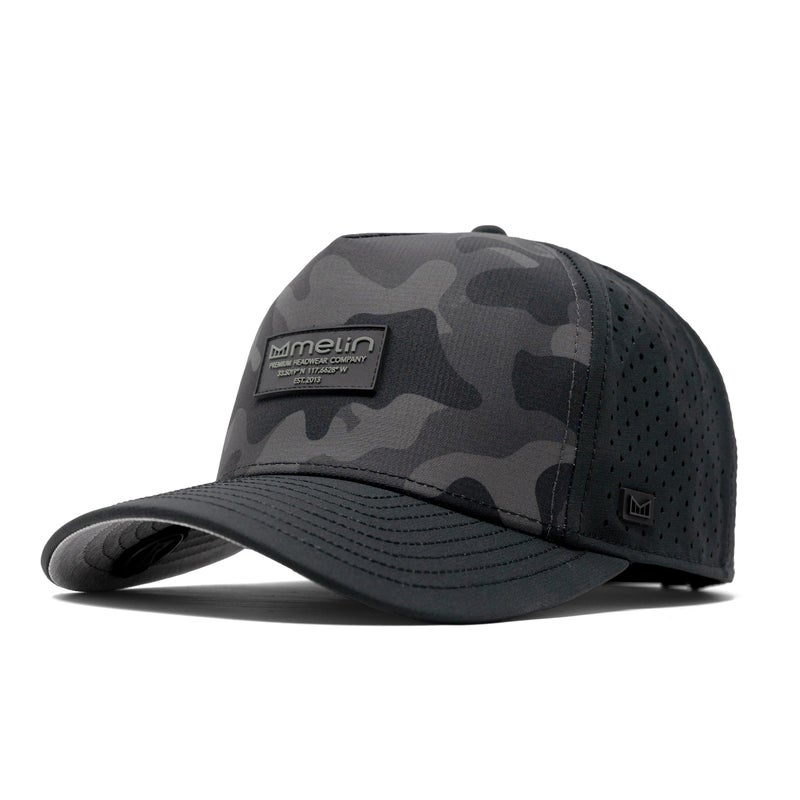 melin Odysea Brick Hydro, Black Camo Midnight, Performance Snapback Hat, Water-Resistant Baseball Cap for Men & Women, Medium-Large - Image 1
