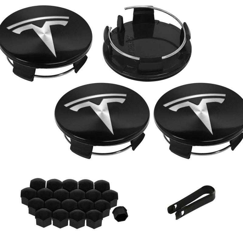Knomix 4 Pack Exterior Decoration Wheel Center Cover for Tesla Model 3 Model Y,56mm Hubcaps Wheel Rim Cover Tesla Center Caps Hubcaps+20 Black Lug Nut Covers (Glossy Black Backgroud+Silver Emblem) - Image 1