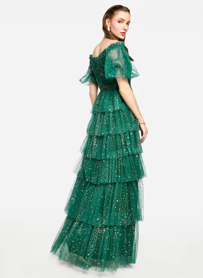 House of Moda House of Moda Ruffle Detail Off Shoulder Tulle Maxi Dress