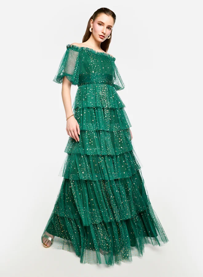 House of Moda House of Moda Ruffle Detail Off Shoulder Tulle Maxi Dress