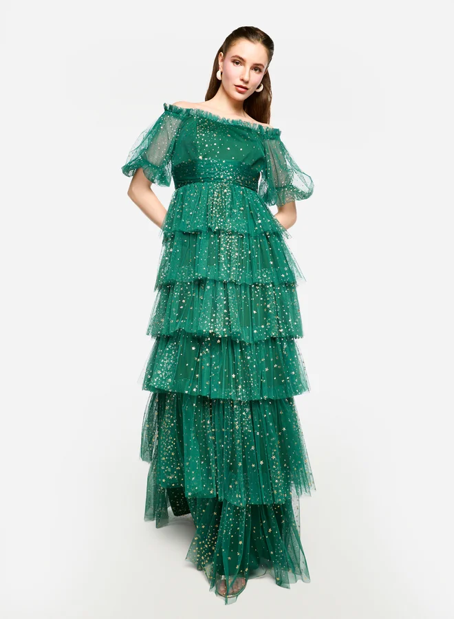 House of Moda House of Moda Ruffle Detail Off Shoulder Tulle Maxi Dress