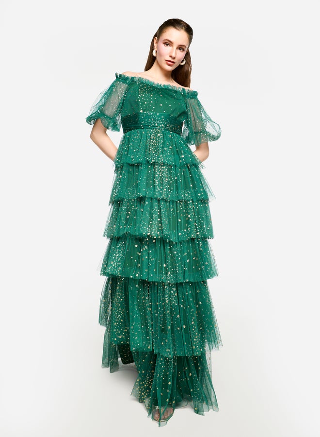 House of Moda Ruffle Detail Off Shoulder Tulle Maxi Dress - Image 3