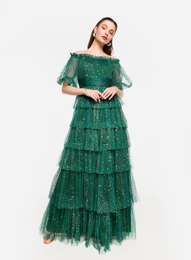 House of Moda Ruffle Detail Off Shoulder Tulle Maxi Dress - Image 1