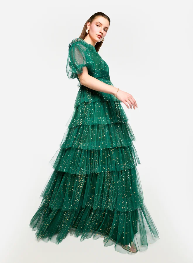 House of Moda House of Moda Ruffle Detail Off Shoulder Tulle Maxi Dress