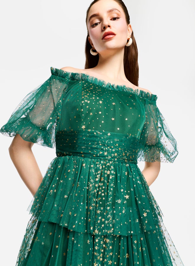 House of Moda Ruffle Detail Off Shoulder Tulle Maxi Dress - Image 5