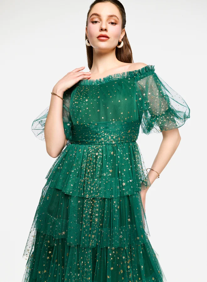 House of Moda House of Moda Ruffle Detail Off Shoulder Tulle Maxi Dress