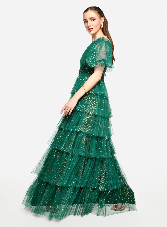 House of Moda House of Moda Ruffle Detail Off Shoulder Tulle Maxi Dress