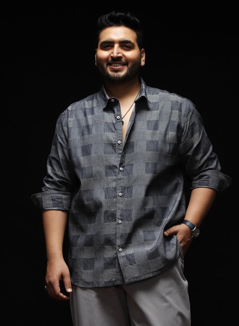 Instafab Plus Men's Moon Grey Buffalo-Jacquard Shirt | Spread Collar , Long Cuffed Sleeves , Button Closure , Curved Hemline | Checks Jacquard Cotton-Blend Material For Street & Casual Wear - Image 2