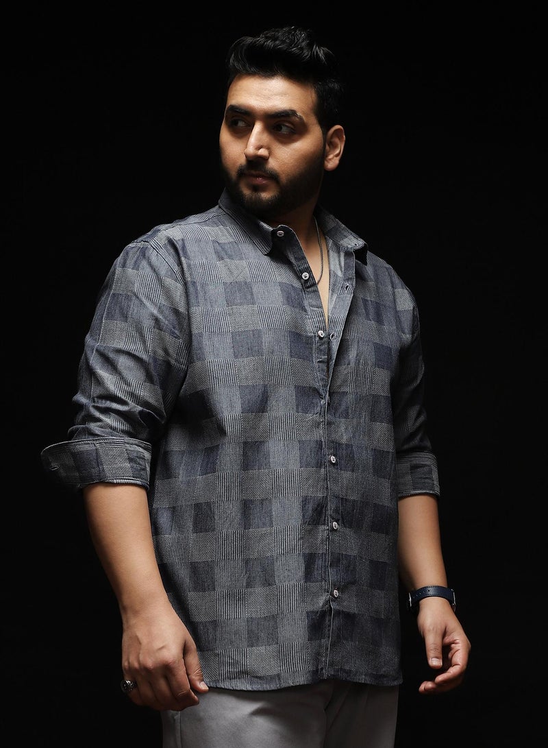 Instafab Plus Men's Moon Grey Buffalo-Jacquard Shirt | Spread Collar , Long Cuffed Sleeves , Button Closure , Curved Hemline | Checks Jacquard Cotton-Blend Material For Street & Casual Wear - Image 3