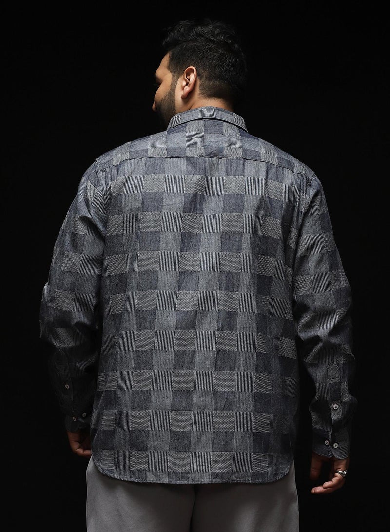 Instafab Plus Men's Moon Grey Buffalo-Jacquard Shirt | Spread Collar , Long Cuffed Sleeves , Button Closure , Curved Hemline | Checks Jacquard Cotton-Blend Material For Street & Casual Wear - Image 5