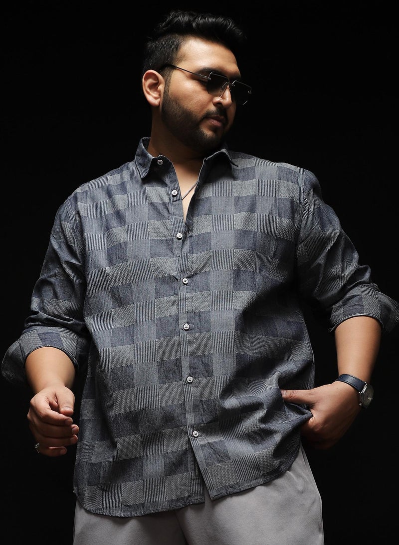 Instafab Plus Men's Moon Grey Buffalo-Jacquard Shirt | Spread Collar , Long Cuffed Sleeves , Button Closure , Curved Hemline | Checks Jacquard Cotton-Blend Material For Street & Casual Wear - Image 1