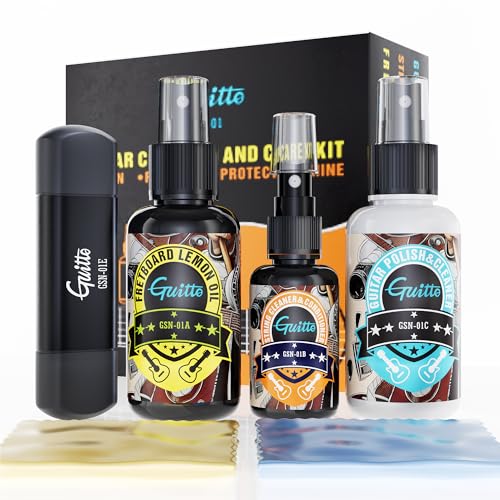 GUITTO Guitar Cleaning Kit, All in One Guitar Care Kit Fretboard Lemon Oil, Polish, Guitar String Cleaner, Microfiber Cloth GSN-01 - Image 1