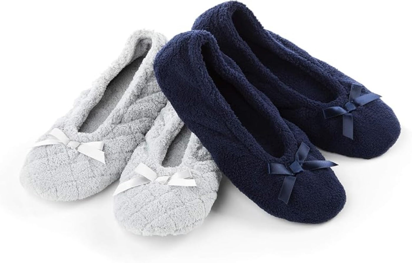 Isotoner Women's 2 Pack Mictroterry Ballerina Slipper with a Satin Bow, Plush Lining and Suede Sole, Light Grey Quilted/Navy Blue Solid, 8-9