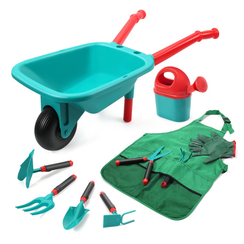 CUTE STONE Kids Gardening Tool Set Garden Toys with Wheelbarrow Watering Can Gardening Gloves Hand Rake Shovel Trowel Double Hoe Apron with Pockets Outdoor Indoor Toys Gift for Boys Girls - Image 2