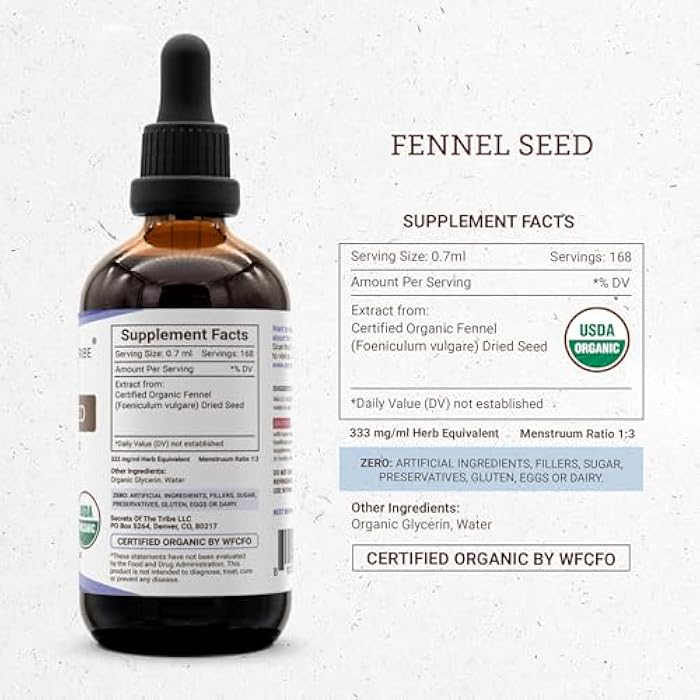 Secrets of the Tribe Fennel Seed USDA Organic Tincture | Alcohol-Free Extract, High-Potency Herbal Drops | Made from 100% Certified Organic Fennel (Foeniculum vulgare) Dried Seed (4 Fl Oz (Pack of 1)) - Image 4