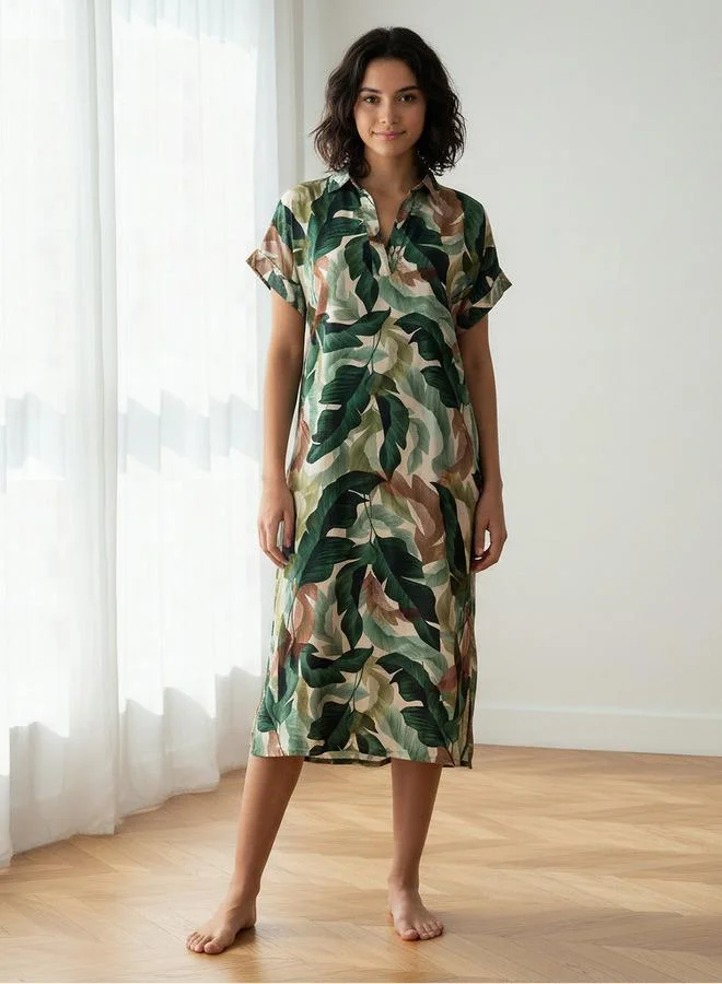 أدريا Aadaraya Night Dress Short Sleeve Tropical Print