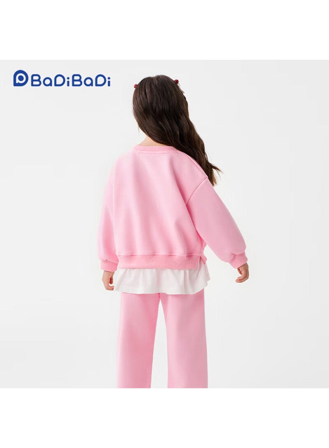 Badibadi Spring And Autumn Baby Girls Sweatshirt And Sweatpants Set Round Neck Fake Two-piece Cute Cartoon Outfit Spring Letter 90