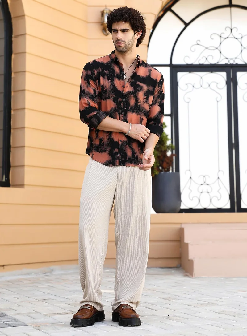 Campus Sutra Campus Sutra Men's Obsidian Black & Sienna Brown Smudged-Block Regular Shirt For Casual Wear | Spread Collar | Long Cuffed Sleeves | Button Closure | Shirt Crafted With Comfort Fit For Everyday Wear
