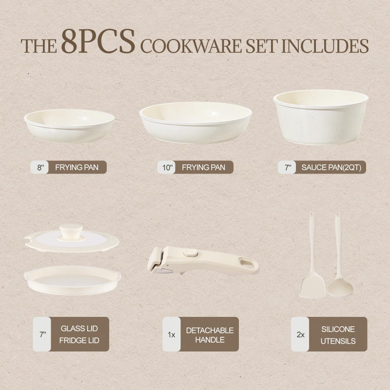 Coicur Ceramic Cookware Set Non Stick 8Pcs Pots and Pans Set Detachable Handle Induction Kitchen Cooking Set with Frying Pans Oven Dishwasher Safe, PFAS/PFOA Free, Cream White - Image 2