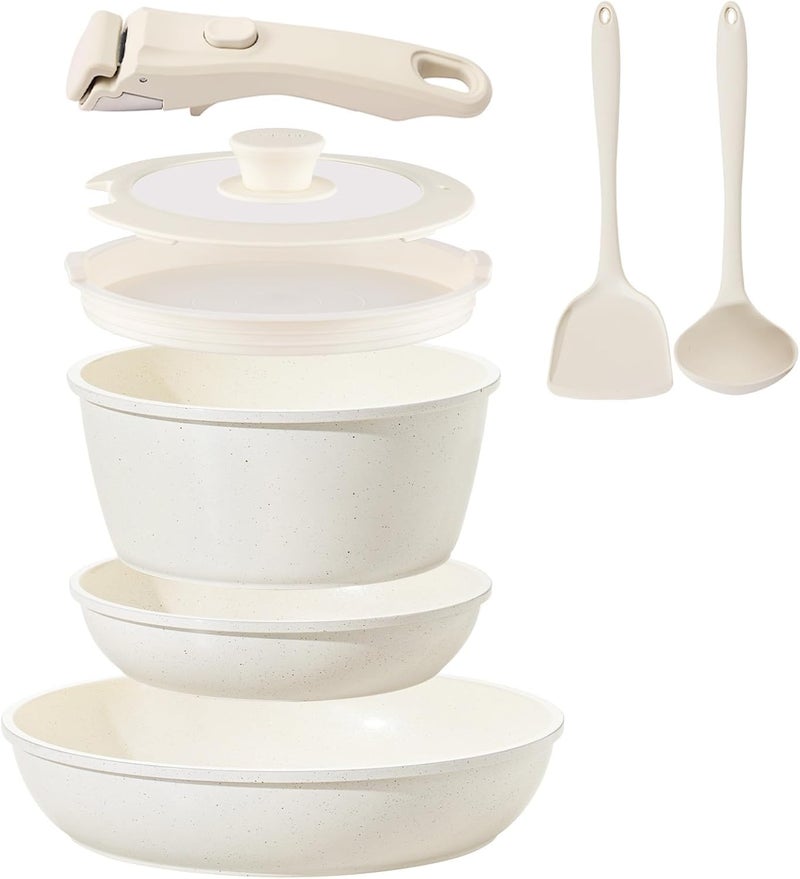 Coicur Ceramic Cookware Set Non Stick 8Pcs Pots and Pans Set Detachable Handle Induction Kitchen Cooking Set with Frying Pans Oven Dishwasher Safe, PFAS/PFOA Free, Cream White - Image 1