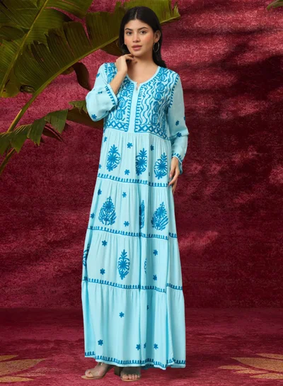 الايا جلابية رايون لكناوي شيكانكاري مطرزة يدوياً-AL3935