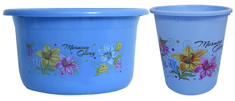 Kuber Industries Kuber Industries Printed 2 Pieces Unbreakable Virgin Plastic Multipurpose Bathroom Dustbin & Tub Set (Blue)  - Image 1