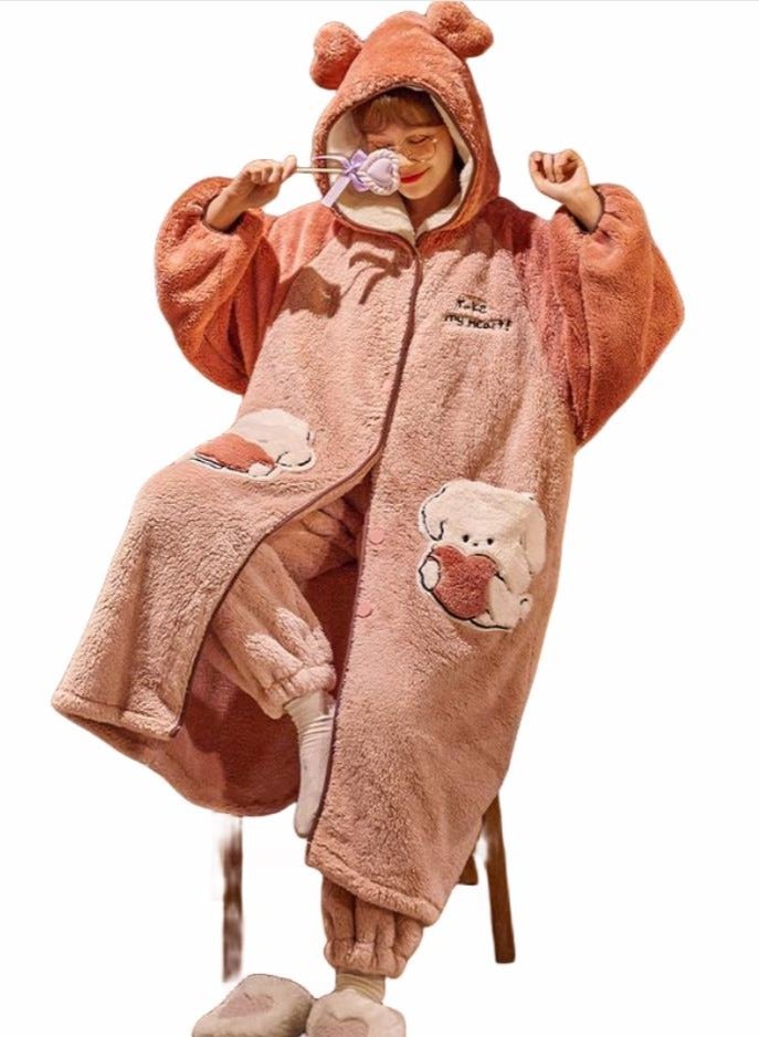 KUYING Velvet and Thickened Nightgown Cute Cartoon Home Fur Set