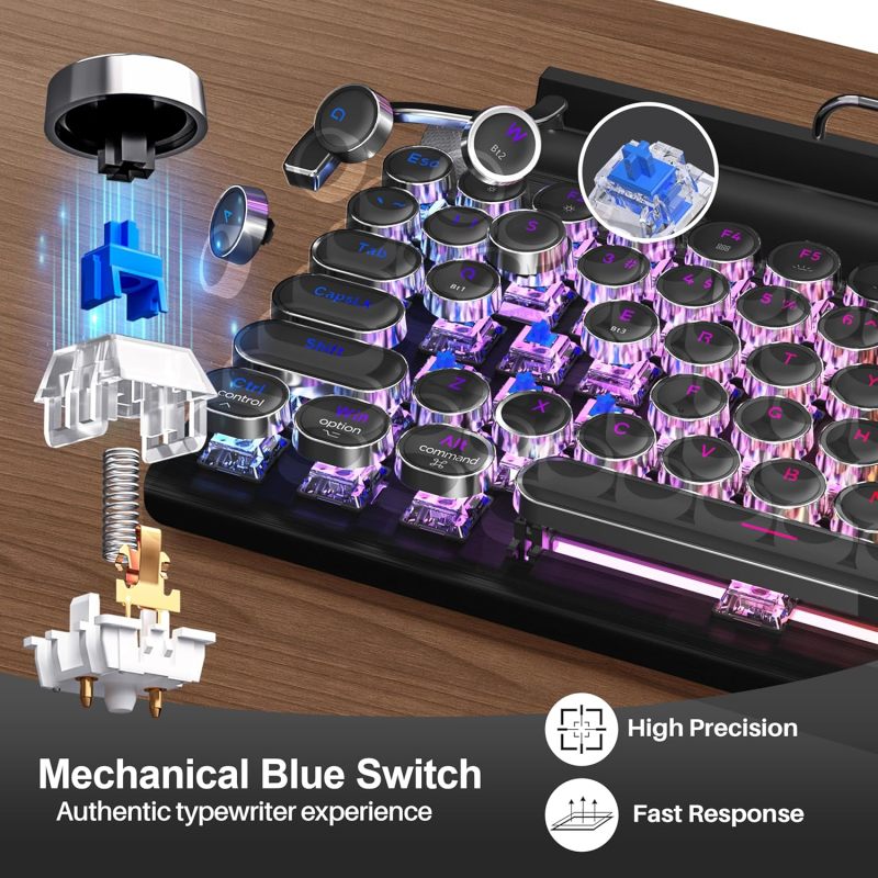 Retro typewriter style mechanical keyboard, Bluetooth 5.0 blue axis 83 key LED backlight, pink office keyboard - Image 3