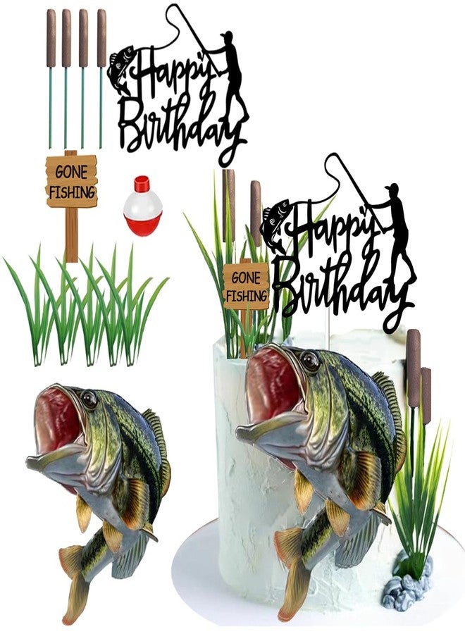 DiDida Gone Fishing Cake Topper with Largemouth Bass Sign Fisherman Happy Birthday Sign - Image 1