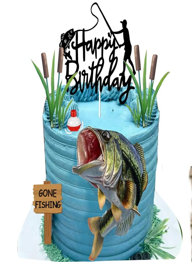 DiDida Gone Fishing Cake Topper with Largemouth Bass Sign Fisherman Happy Birthday Sign - Image 3