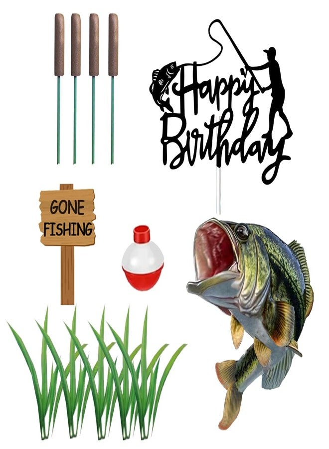 DiDida Gone Fishing Cake Topper with Largemouth Bass Sign Fisherman Happy Birthday Sign - Image 2