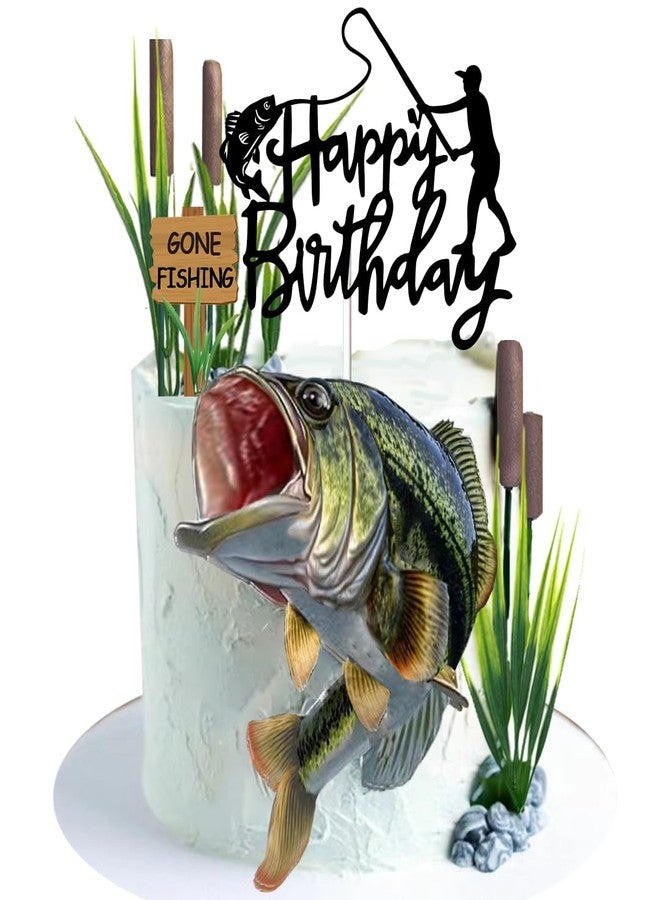 DiDida Gone Fishing Cake Topper with Largemouth Bass Sign Fisherman Happy Birthday Sign - Image 4