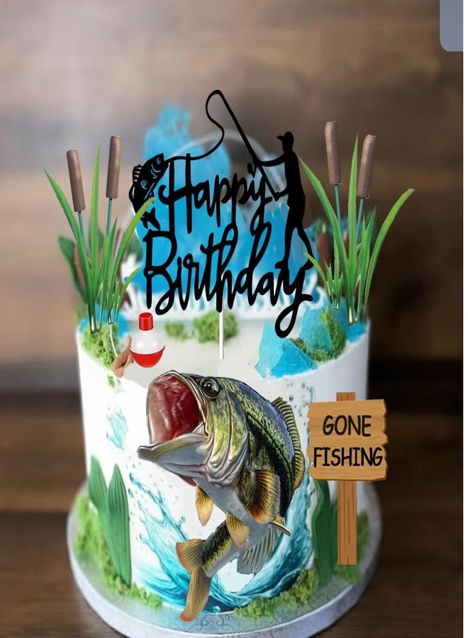 DiDida Gone Fishing Cake Topper with Largemouth Bass Sign Fisherman Happy Birthday Sign - Image 5