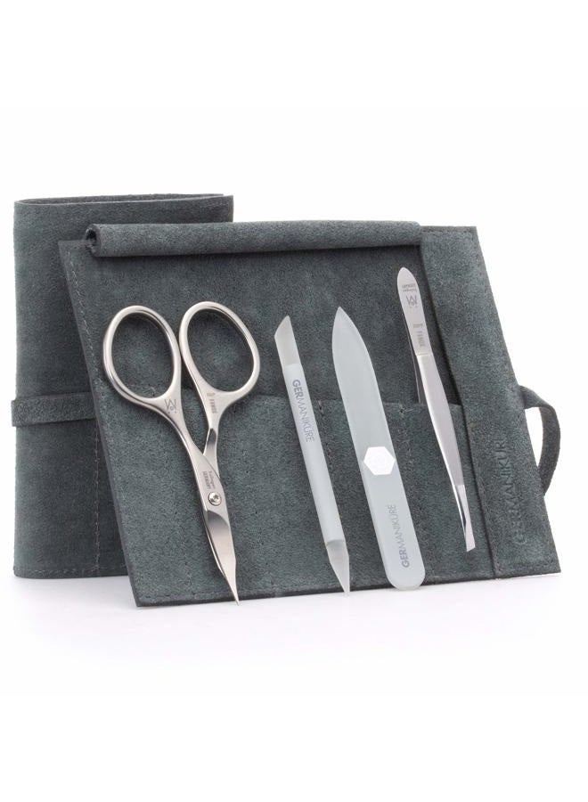 GERMANIKURE 4pc Mini Professional Manicure Set in Light Gray Suede Case - FINOX Stainless Steel Tools Made in Solingen Germany, Glass Nail Care Supplies Made in Czech Republic - Image 1