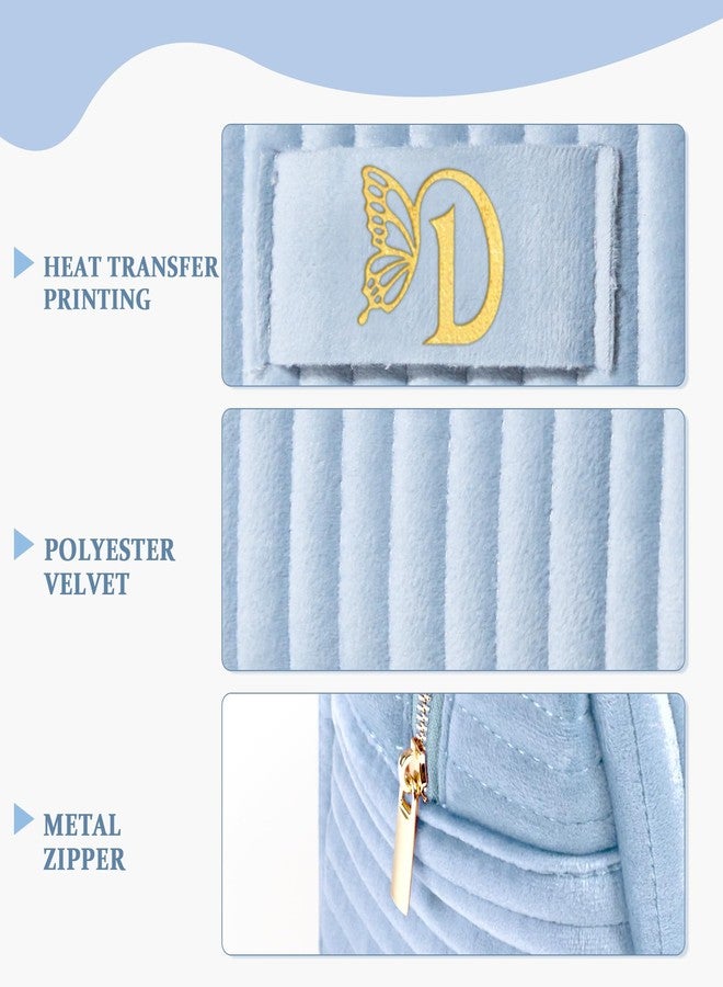 COSHAYSOO Travel Makeup Bag Quilted Make Up Pouch Initial Velvet Cosmetic Case with Butterfly Decorations for Women Birthday Party Favor Supplies Cool Popular Easter Valentines Gifts Blue Letter D - Image 3