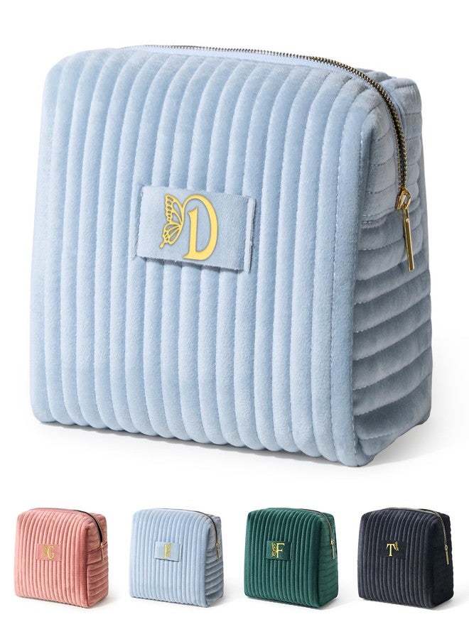 COSHAYSOO Travel Makeup Bag Quilted Make Up Pouch Initial Velvet Cosmetic Case with Butterfly Decorations for Women Birthday Party Favor Supplies Cool Popular Easter Valentines Gifts Blue Letter D - Image 1