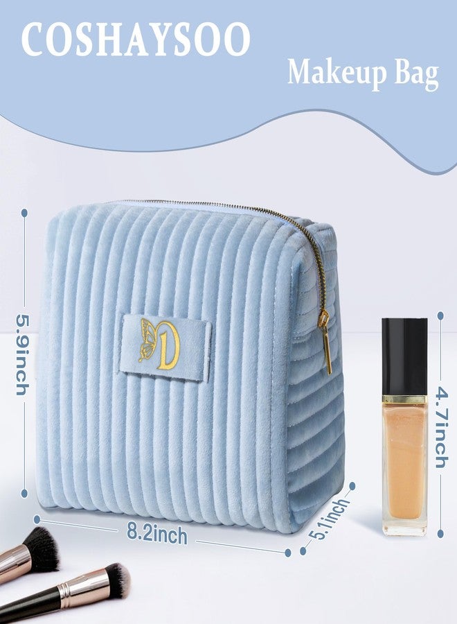 COSHAYSOO Travel Makeup Bag Quilted Make Up Pouch Initial Velvet Cosmetic Case with Butterfly Decorations for Women Birthday Party Favor Supplies Cool Popular Easter Valentines Gifts Blue Letter D - Image 2