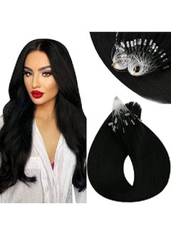 Sunny Micro Link Hair Extensions Human Hair Jet Black Hair Extensions Micro Ring 1 Black Cold Fusion Micro Beads Hair Extensions Human Hair Black Micro Loops Real Hair Extensions 50G/50S 18Inch