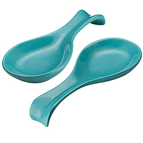 Ceramic Spoon Rest by Kook Utensil Holder for Stovetop Farmhouse Kitchen  Coffee Bar Decor Dishwasher Safe Ladle Tray  Set of 2 Aqua