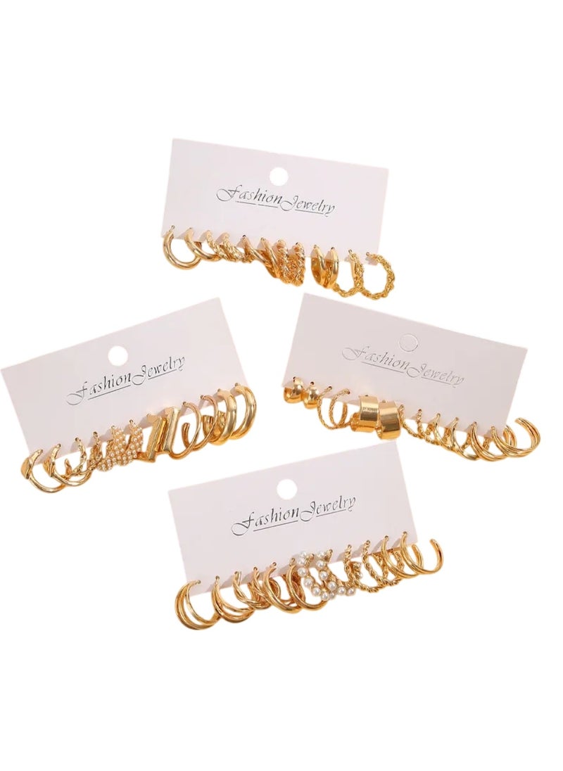 Huitich Stylish 24-Pair Gold Colour Tone Hoop Earrings Set Multiple Sizes & Designs  - Image 5