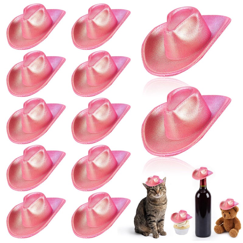 Sotiff 12 Pcs Mini Cowboy Hats Miniature Cowboy Hat Set West Party Supplies Neon Holographic Tiny Western Cowgirl Hat Pack Small Doll Decor for Doll Theme Party Drinks Bottle Cupcake TopperNeon Pink - Image 3