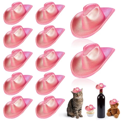 Sotiff 12 Pcs Mini Cowboy Hats Miniature Cowboy Hat Set West Party Supplies Neon Holographic Tiny Western Cowgirl Hat Pack Small Doll Decor for Doll Theme Party Drinks Bottle Cupcake TopperNeon Pink - Image 1