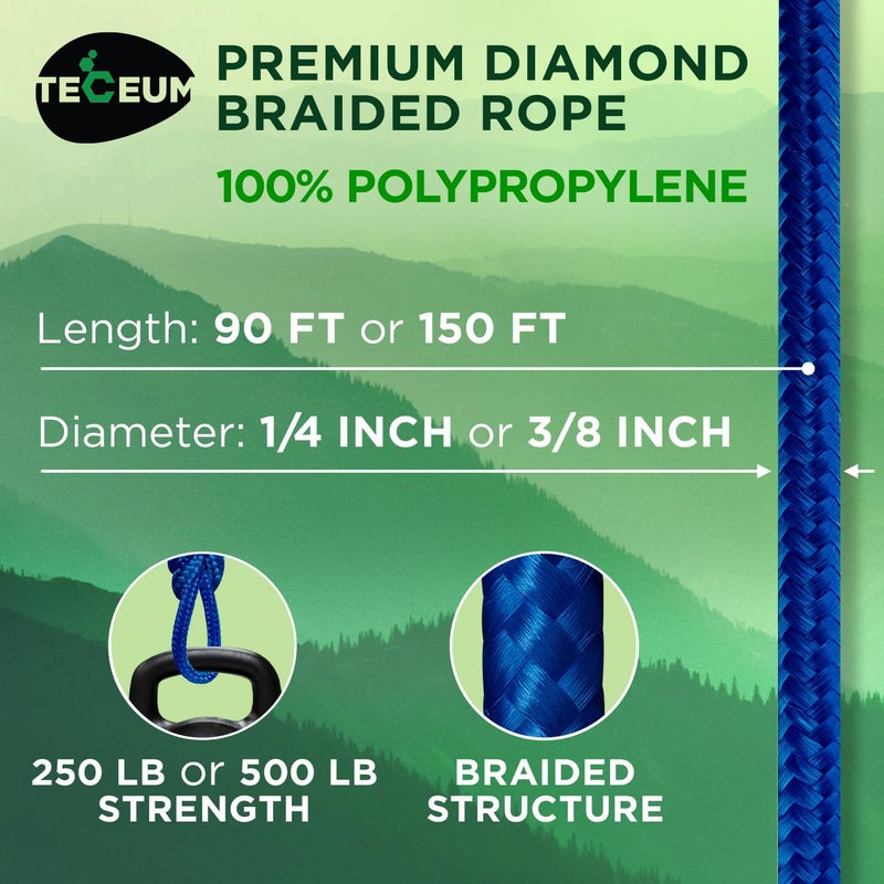TECEUM Rope â€“ 90 Feet x 1/4 Inch (7mm) â€“ Blue â€“ Strong All-Purpose Utility Rope â€“ Camping, Crafting, Flag Pole, Indoor & Outdoor â€“ Polypropylene Nylon Poly Lightweight Diamond Braided Cord - Image 2