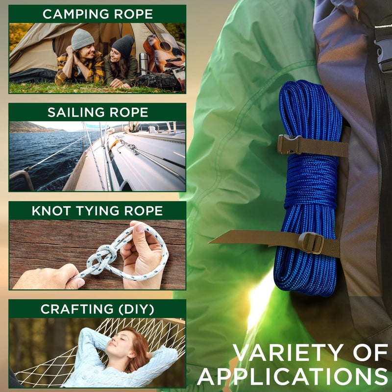 TECEUM Rope â€“ 90 Feet x 1/4 Inch (7mm) â€“ Blue â€“ Strong All-Purpose Utility Rope â€“ Camping, Crafting, Flag Pole, Indoor & Outdoor â€“ Polypropylene Nylon Poly Lightweight Diamond Braided Cord - Image 5