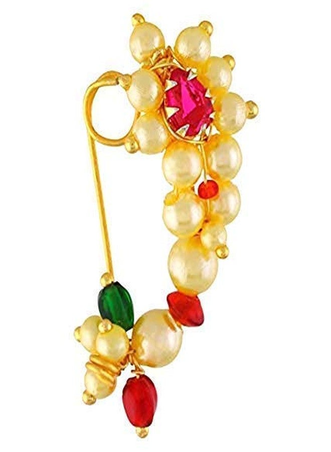 Bhumi Creation Traditional Maharashtrian (Non Pierced) Nath Nose Ring Pink Colour Stone Along with Pearl Beads for Women - Small Size - Image 1